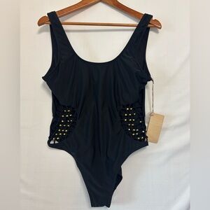 CABANA DEL SOL Black One Piece Swimsuit With Cutout Sides Size Large NWOT